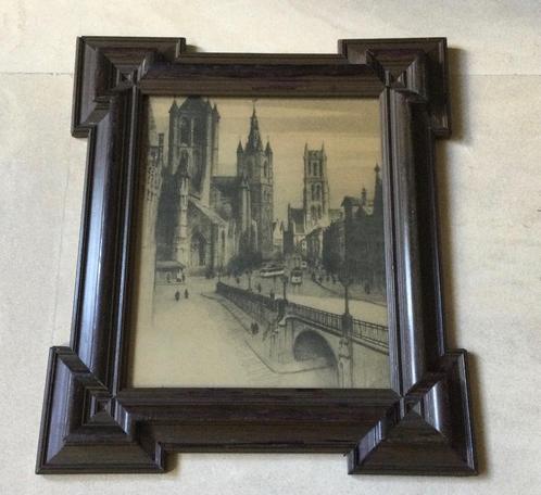 Prent van de 3 torens in Gent van Herman Verbaere ingelijst, Antiek en Kunst, Kunst | Schilderijen | Klassiek, Ophalen of Verzenden