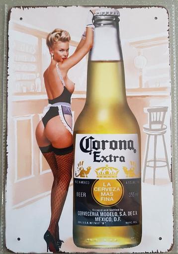 Metalen wandbord 20 cm x 30 cm Pin-up op Corona-bier