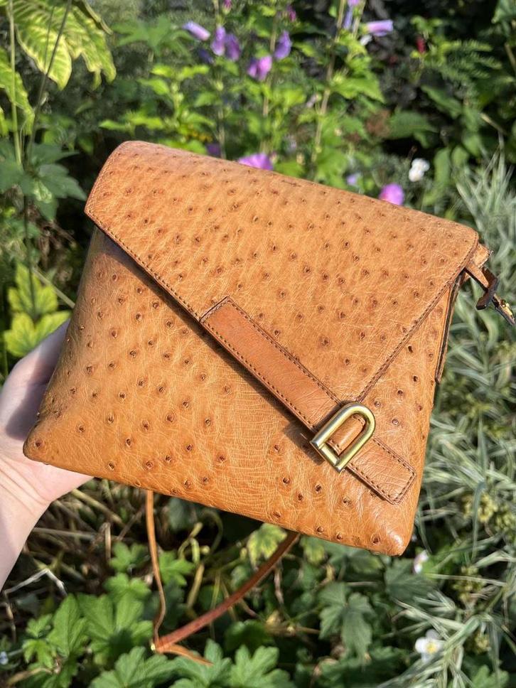 Delvaux struisvogelleer, Handtassen en Accessoires, Tassen | Damestassen, Gebruikt, Schoudertasje, Bruin, Ophalen of Verzenden