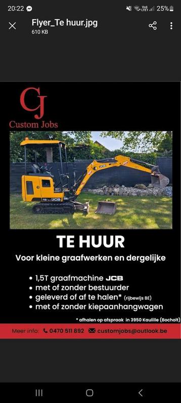 Jcb graafmachine te huur 1.5 ton 