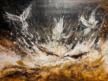 Expressief schilderij duiven Mk Art beschikbaar voor biedingen