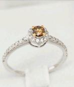 Ring 14 kt witgoud afgewerkt met diamantjes, Ophalen, Geel, Zo goed als nieuw, Dame