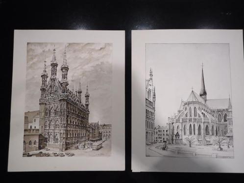 Van Roost LEUVEN akwarel stadhuis en inkttekening St Pieter, Antiek en Kunst, Kunst | Schilderijen | Modern, Ophalen of Verzenden