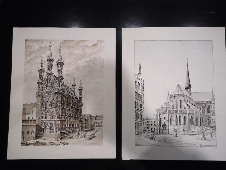 Van Roost LEUVEN akwarel stadhuis en inkttekening St Pieter, Antiek en Kunst, Kunst | Schilderijen | Modern, Ophalen of Verzenden