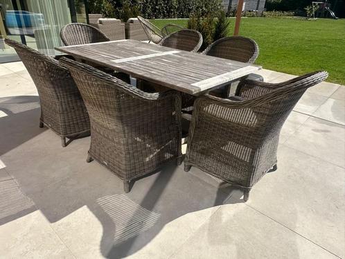 Tuinset 8-Persoons – Teakhouten Tafel & Wicker Stoelen, Tuin en Terras, Tuinsets en Loungesets, Gebruikt, Tuinset, Wicker, 8 zitplaatsen