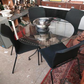Glazen tafel met 4 stoelen diameter 1m10, Enlèvement, Comme neuf