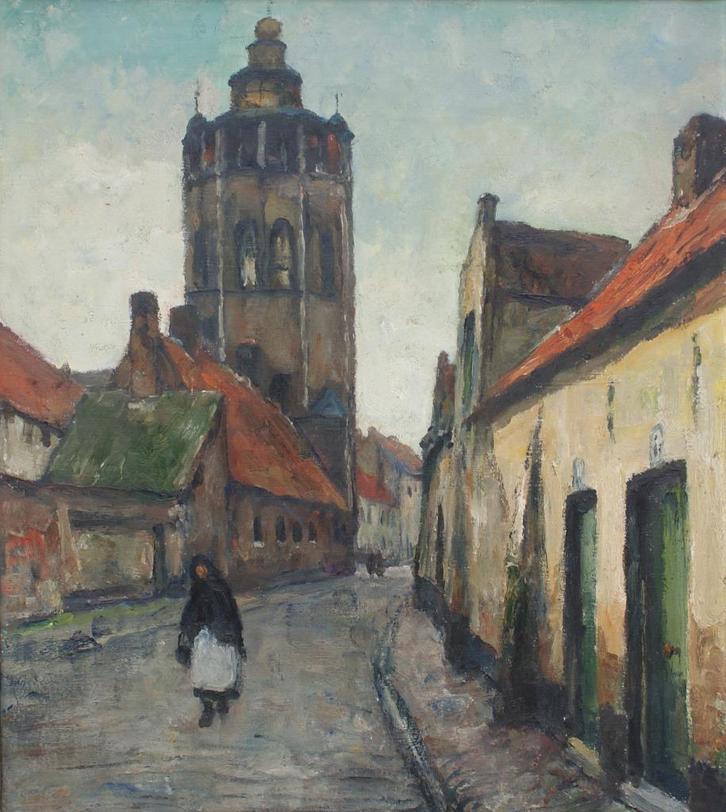 Leo Mechelaere (1880-1964): Brugs stadszicht (O/D, 76x91cm), Antiek en Kunst, Kunst | Schilderijen | Klassiek, Ophalen of Verzenden