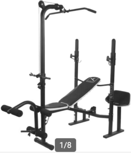 BM490 halterbank met 100 kg gewichten, Sport en Fitness, Fitnessapparatuur, Gebruikt, Ligfiets, Armen, Benen, Borst, Rug, Ophalen
