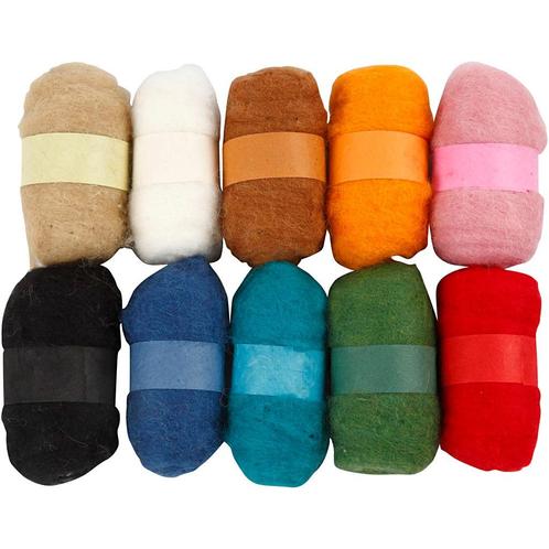 Pakket gekaarde wol voor naaldvilten 10x25gr - 10 kleuren, Hobby en Vrije tijd, Knutselen, Nieuw, Knutselwerk, Verzenden