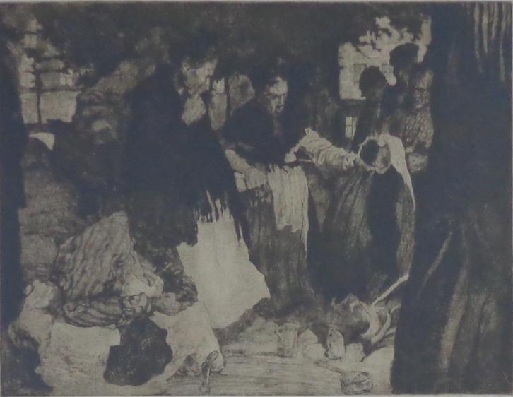 JULES DE BRUYCKER / AU MARCHE / ZW-W ETS / 64x73cm / KADER, Antiek en Kunst, Kunst | Litho's en Zeefdrukken, Ophalen