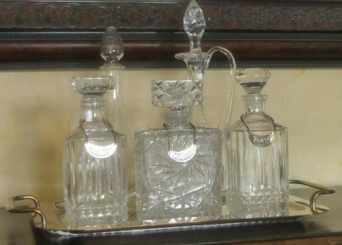 5 karaffen op verzilverd dienblad, Antiek en Kunst, Antiek | Glaswerk en Kristal, Ophalen