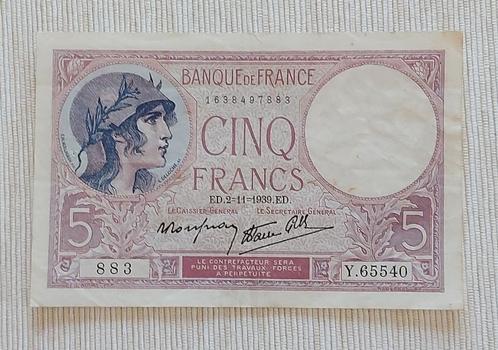 France 1939 - 5 Francs ‘Violet’- No Y.65540 - P# 83a, Postzegels en Munten, Bankbiljetten | Europa | Niet-Eurobiljetten, Los biljet