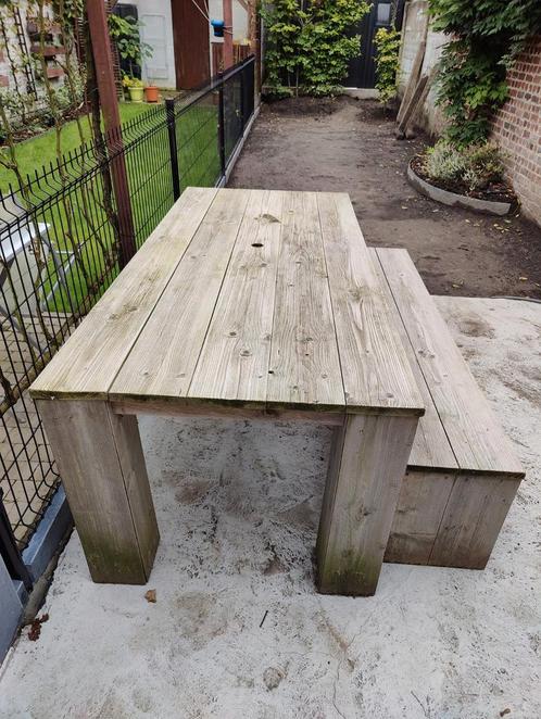 Dutch wood houten tafel+bank in steigerhout, Jardin & Terrasse, Tables de jardin, Utilisé, Enlèvement