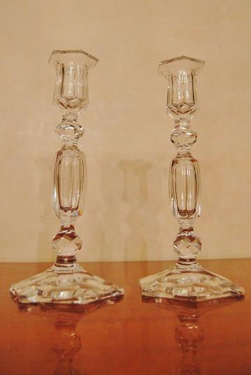 VAL St LAMBERT 2 Bougeoirs cristal blanc taillé