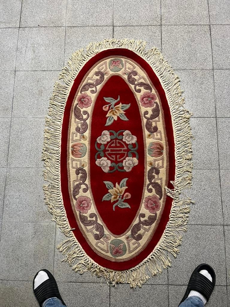 Ovaal klassiek tapijt – rood bloemmotief – vintage, Ophalen, Gebruikt