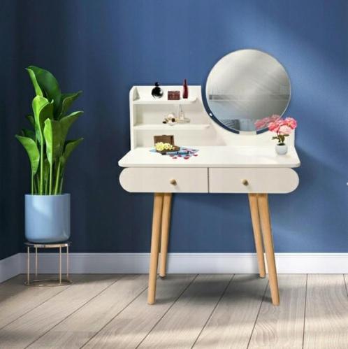 Une coiffeuse blanche avec miroir rond, Maison & Meubles, Tables | Coiffeuses, Comme neuf, Bois, Enlèvement