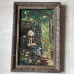 19de eeuws olieverfschilderij op paneel vrouw op stoel, Enlèvement ou Envoi