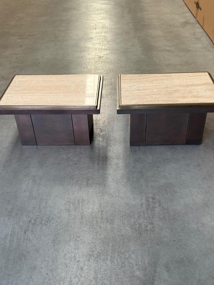 Vintage set bijzettafels Belgo Chrom met travertin blad, Huis en Inrichting, Tafels | Bijzettafels, Gebruikt, Rechthoekig, Ophalen