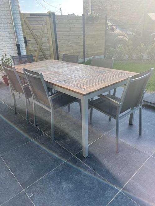 Tuinset Tafel + 6 stoelen teak/aluminium, Tuin en Terras, Tuinsets en Loungesets, Zo goed als nieuw, Tuinset, Aluminium, 6 zitplaatsen