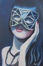 groot olieschilderij masked girl (75x115 cm), Ophalen of Verzenden