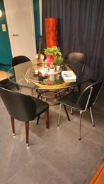Fraaie eetkamer set met ronde glazen tafel., Ophalen, Zo goed als nieuw