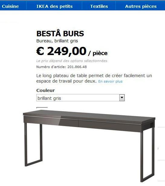 Bureau Ikea Besta Burs gris brillant presque neuf., Huis en Inrichting, Bureaus, Zo goed als nieuw, Bureau, Ophalen
