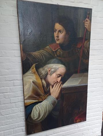 antiek religieus schilderij olieverf op doek op spieraam beschikbaar voor biedingen