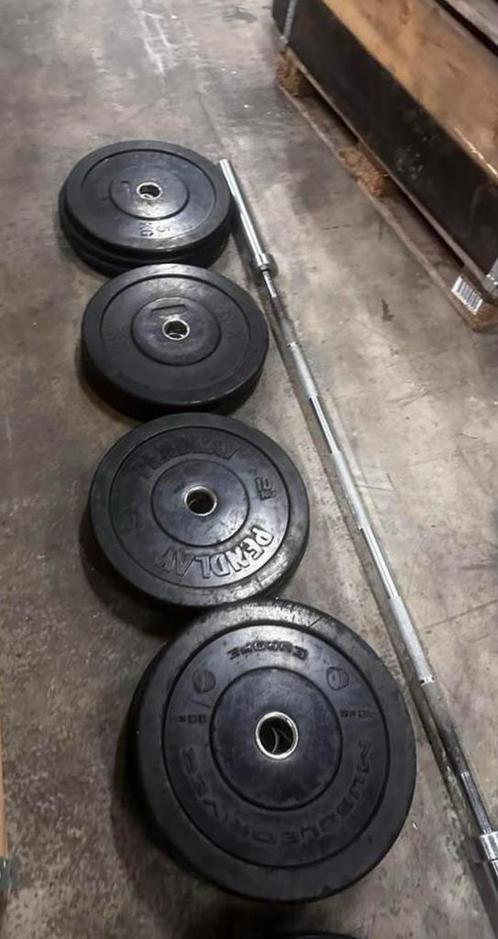 150kg Bumperplates + Olympisch Barbell 220cm, Sport en Fitness, Fitnessmaterialen, Gebruikt, Halterschijven, Ophalen