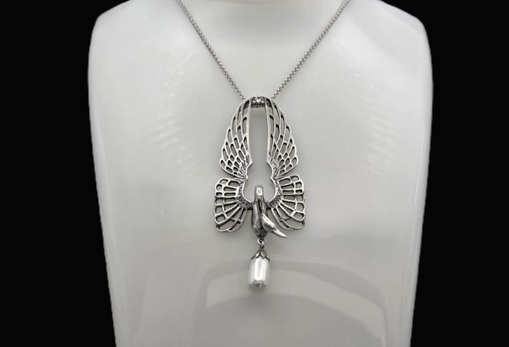 Zilveren hanger met zwaan, parel swarovski ketting. 2025/709, Handtassen en Accessoires, Kettingen, Zilver, Zilver, Met edelsteen