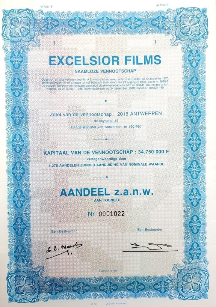 Excelsior Films (Antwerpen) 1988-89, Postzegels en Munten, Aandelen en Waardepapieren, Aandeel, 1970 tot heden, Ophalen of Verzenden