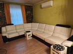 Wit zwart lederen hoeksalon met elektrische relax, Huis en Inrichting, Ophalen