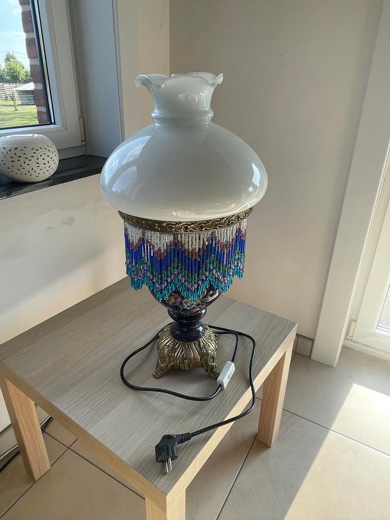Antieke tafellamp met kralen – vintage eyecatcher, Ophalen of Verzenden, Zo goed als nieuw