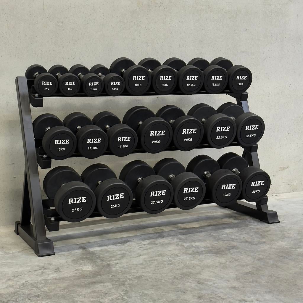 RIZE rubber dumbbells 5–30 kg + rek, Sports & Fitness, Équipement de fitness, Neuf, Haltère, Bras, Jambes, Pectoraux, Abdominaux