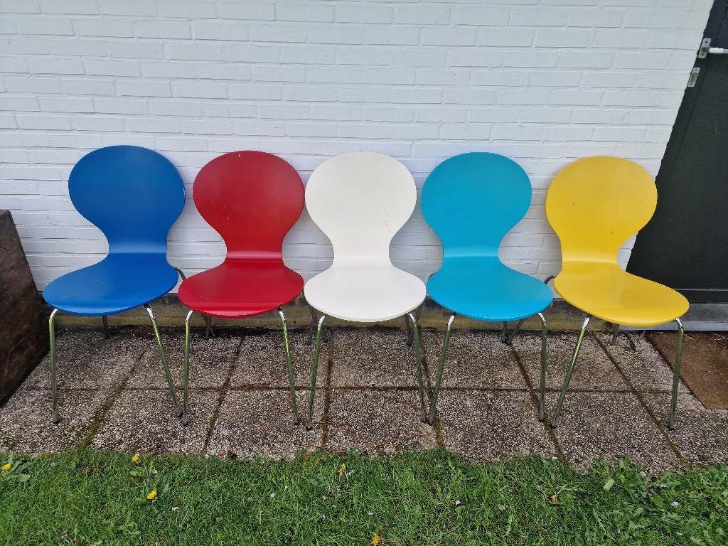 5 chaises en bois coloré, Maison & Meubles, Chaises, Autres couleurs, Enlèvement, Bois, Cinq, Six Chaises ou plus