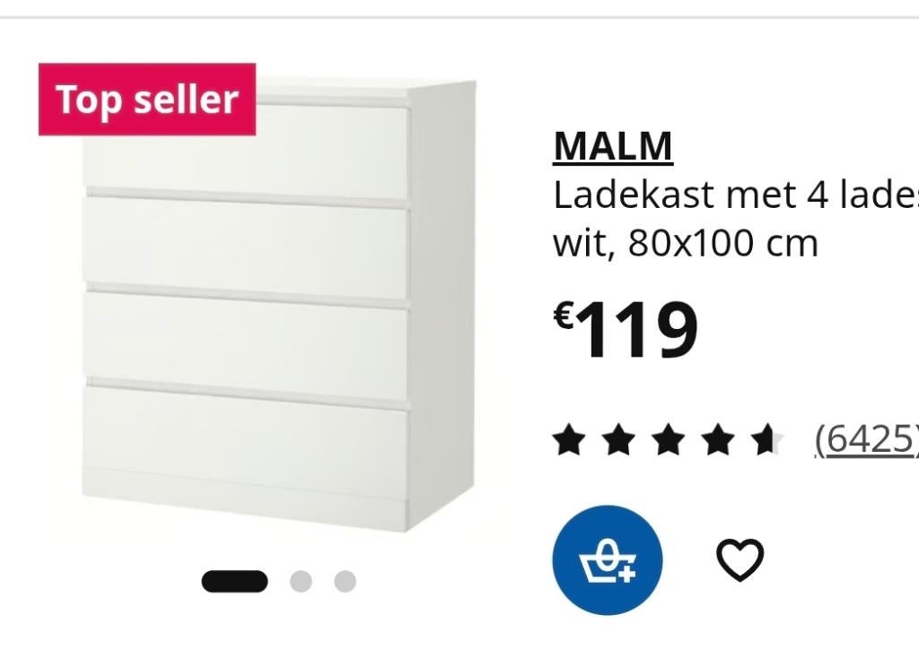 Malm 4 ladekast wit ikea, Huis en Inrichting, Kasten | Ladekasten, Ophalen, Gebruikt, 100 tot 150 cm, 50 tot 100 cm