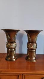 Een paar antieke Chinese trompetvazen, gepatineerd brons, Antiek en Kunst, Ophalen