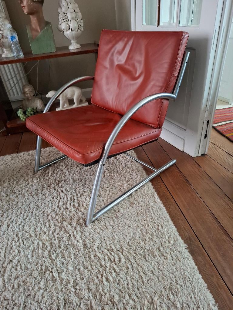 Vintage fauteuils, Huis en Inrichting, Fauteuils, Gebruikt, Leer, Metaal, Ophalen