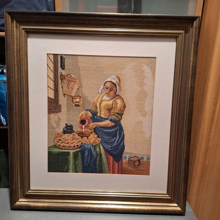 Prachtige afbeelding van het Melkmeisje in kruisjessteek, Antiek en Kunst, Kunst | Schilderijen | Klassiek, Ophalen