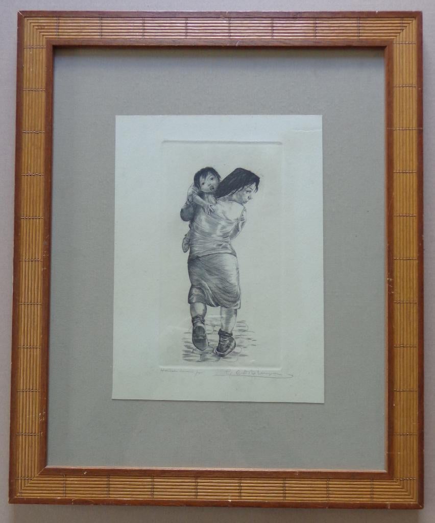 GUSTAAF DE BRUYNE / HAVENMEISJE / ZW-W ETS / 58x48cm KADER, Ophalen of Verzenden