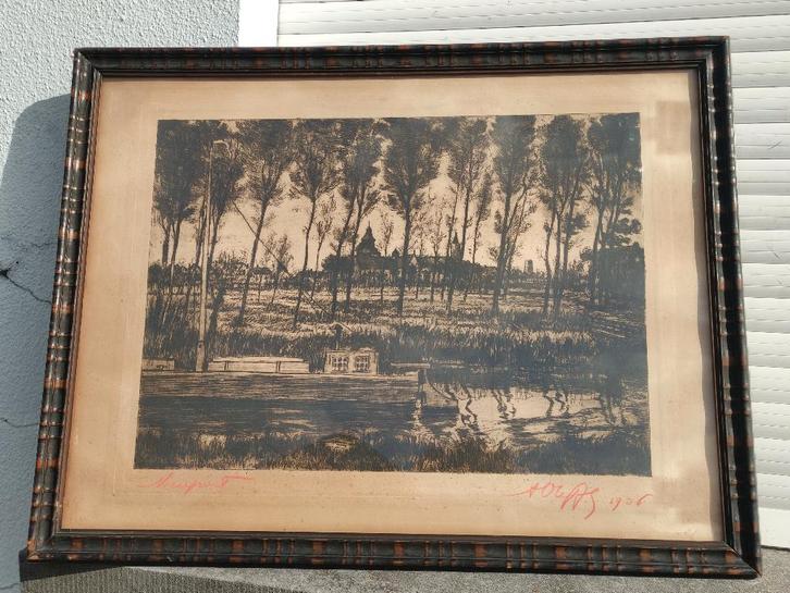 eau forte signe auguste oleffe, Antiek en Kunst, Kunst | Etsen en Gravures, Ophalen of Verzenden