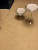2 glazen kaarsenhouders met platte kaars met 3 wieken., Ophalen of Verzenden, Zo goed als nieuw, Kaars