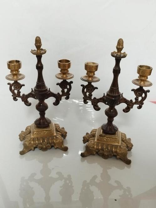 Paar tweekleurige bronzen kandelaars, Antiek en Kunst, Antiek | Brons en Koper, Brons, Ophalen