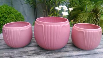 Vintage bloempot roze - set 3 stuks - keramiek 