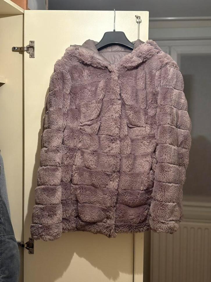 Grijze omkeerbare teddy-jas (L)., Kleding | Dames, Jassen | Winter, Zo goed als nieuw, Grijs, Ophalen