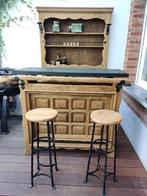 Rustieke vintage bar in vol-eik met zwart stenen blad, Huis en Inrichting, Ophalen, Gebruikt, Inclusief barstoelen