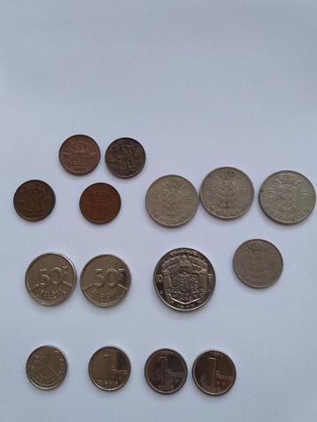 Munten van Belgische frank: 1 fb, 5 fb, 10 fb, 50 fb, 50 cen