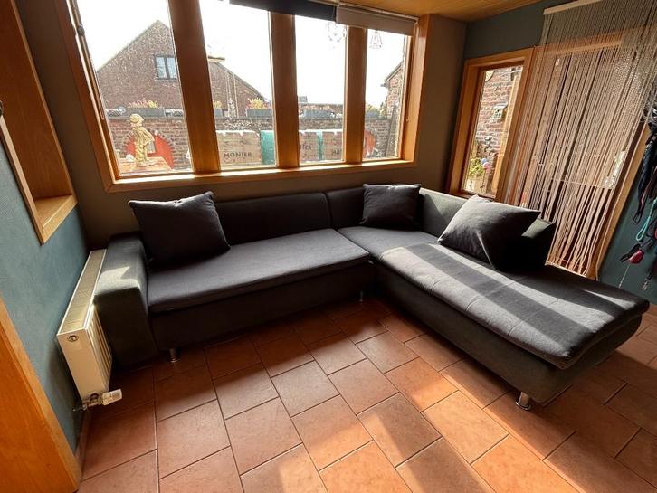 hoeksalon grijs/blauw met rechtse lounge chair(méridienne), Huis en Inrichting, Zetels | Complete zithoeken, Zo goed als nieuw