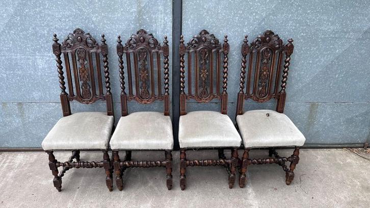 Set van 4 antieke barokstoelen - rijk gesneden hout & fluwel, Antiek en Kunst, Antiek | Meubels | Stoelen en Sofa's, Ophalen