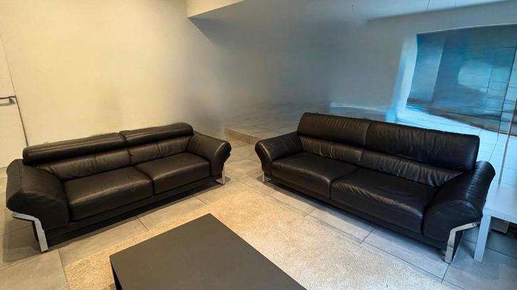 Lederen salon, Maison & Meubles, Canapés | Coins salons complets, Comme neuf, Cuir, Métal, Enlèvement