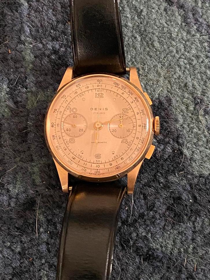uurwerk Goud  750  Denis zwitserland werkt jaren 50 vintage, Handtassen en Accessoires, Horloges | Heren, Gebruikt, Polshorloge